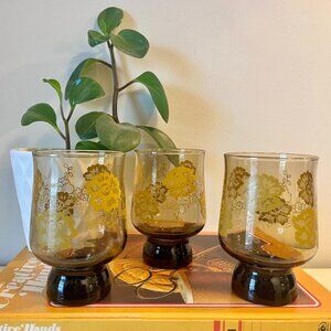 70's Vintage Libbey Smoky Tawny Gold Glasses with Yellow Florals